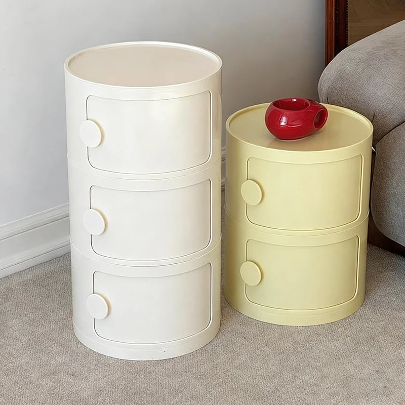 Plastic Round Nightstand Bedside Table Cabinet with Sliding Doors Round Storage Bedside Cabinet Nightstand  for Living Bedroom