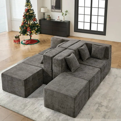 130" Oversized Modular Sectional Sofa for Living Room Furniture, Chenille Cloud Couch with Ottomans, Dark Gray