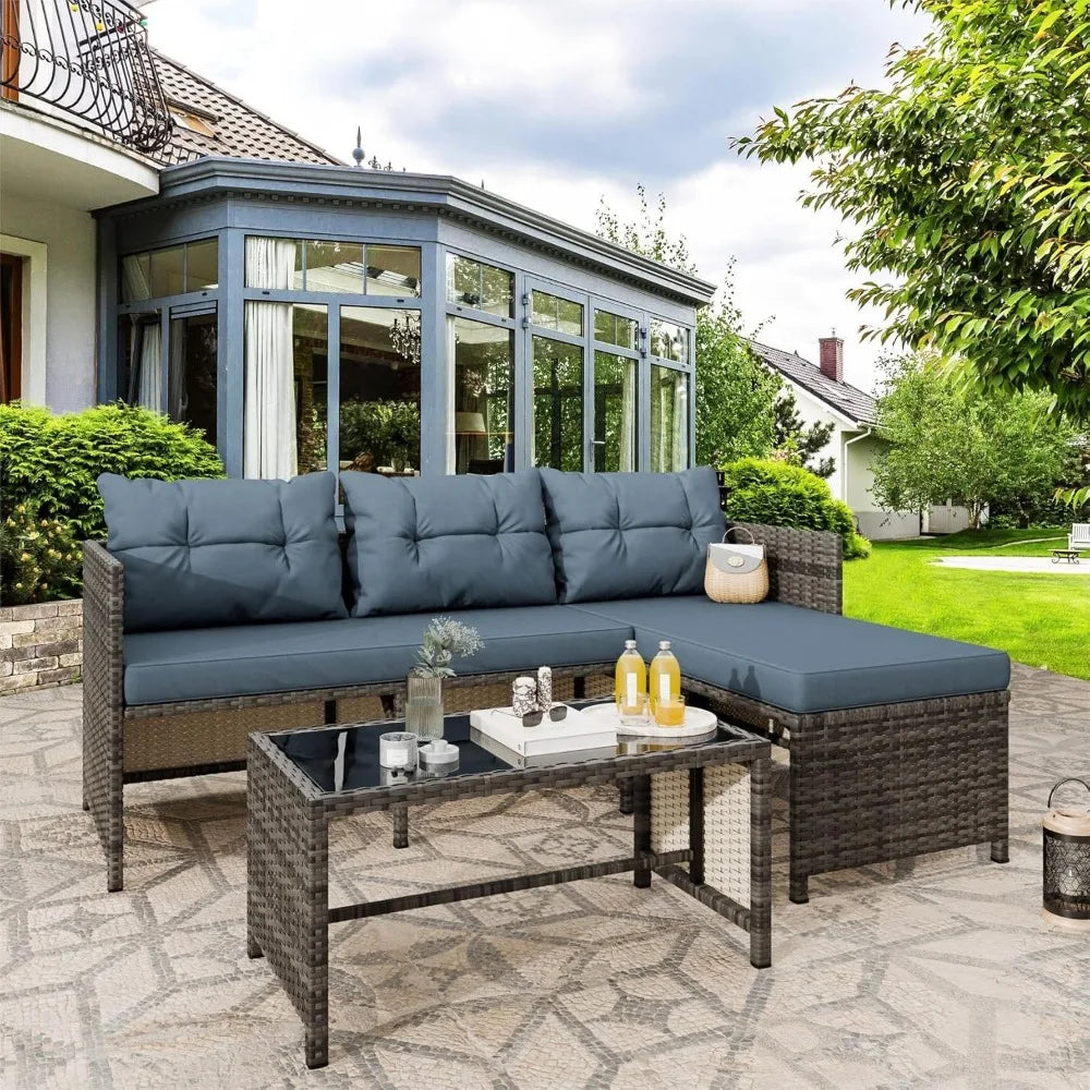 3-Piece All-Weather Patio Furniture Set with Cushions and Glass Table, Blue Outdoor Sofa for Garden