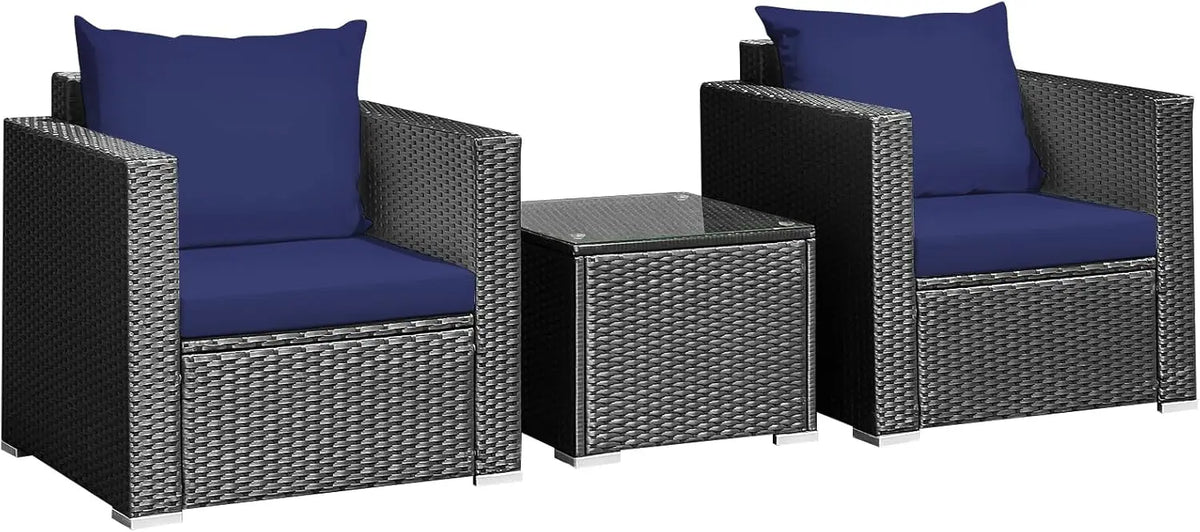Three Piece Patio Set, Outdoor Rattan Sofa With Cushions, Tempered Glass Tabletop, Wicker Conversation Furniture