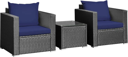 Three Piece Patio Set, Outdoor Rattan Sofa With Cushions, Tempered Glass Tabletop, Wicker Conversation Furniture