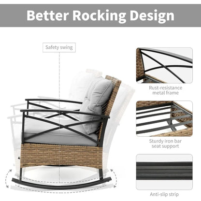 Grey 3-Piece Outdoor Wicker Rocking Chair Set with Cushions and Table for Patio Bistro