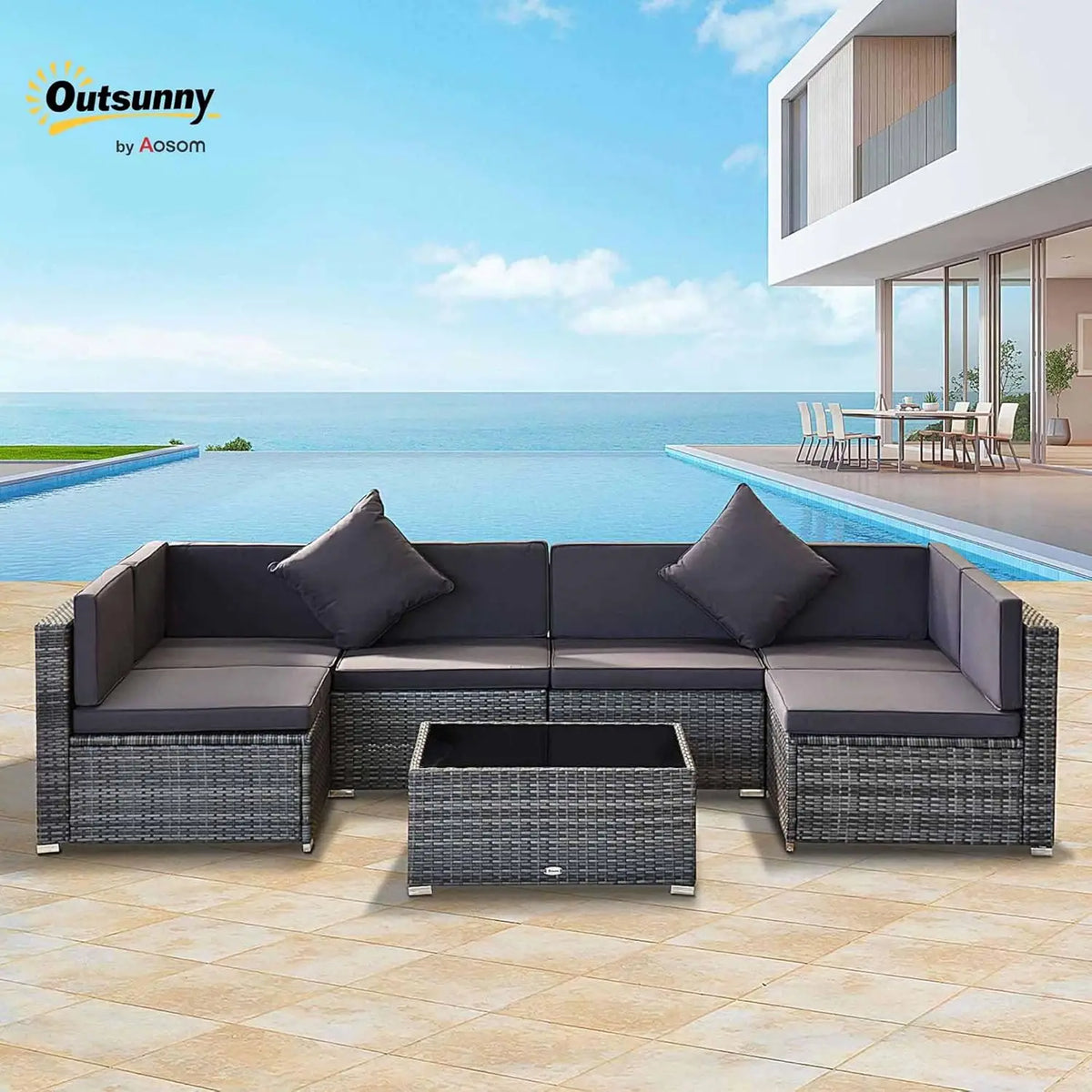 7pc PE Rattan Sectional Sofa All Weather Cushions Tempered Glass Tabletop Outdoor Patio Grey, Customized