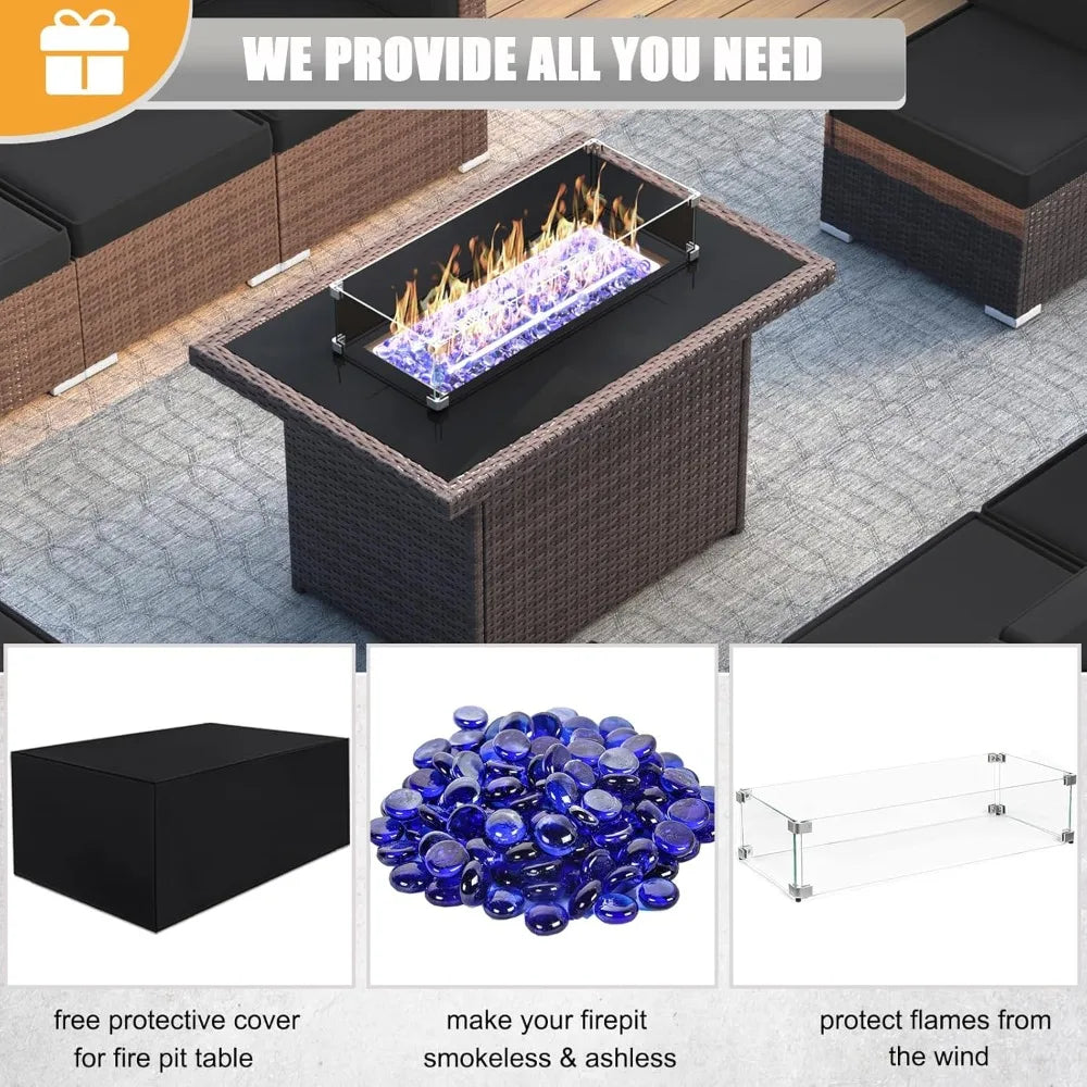 brown rattan outdoor patio furniture set with 44" fire pit and sectional sofa for conversation