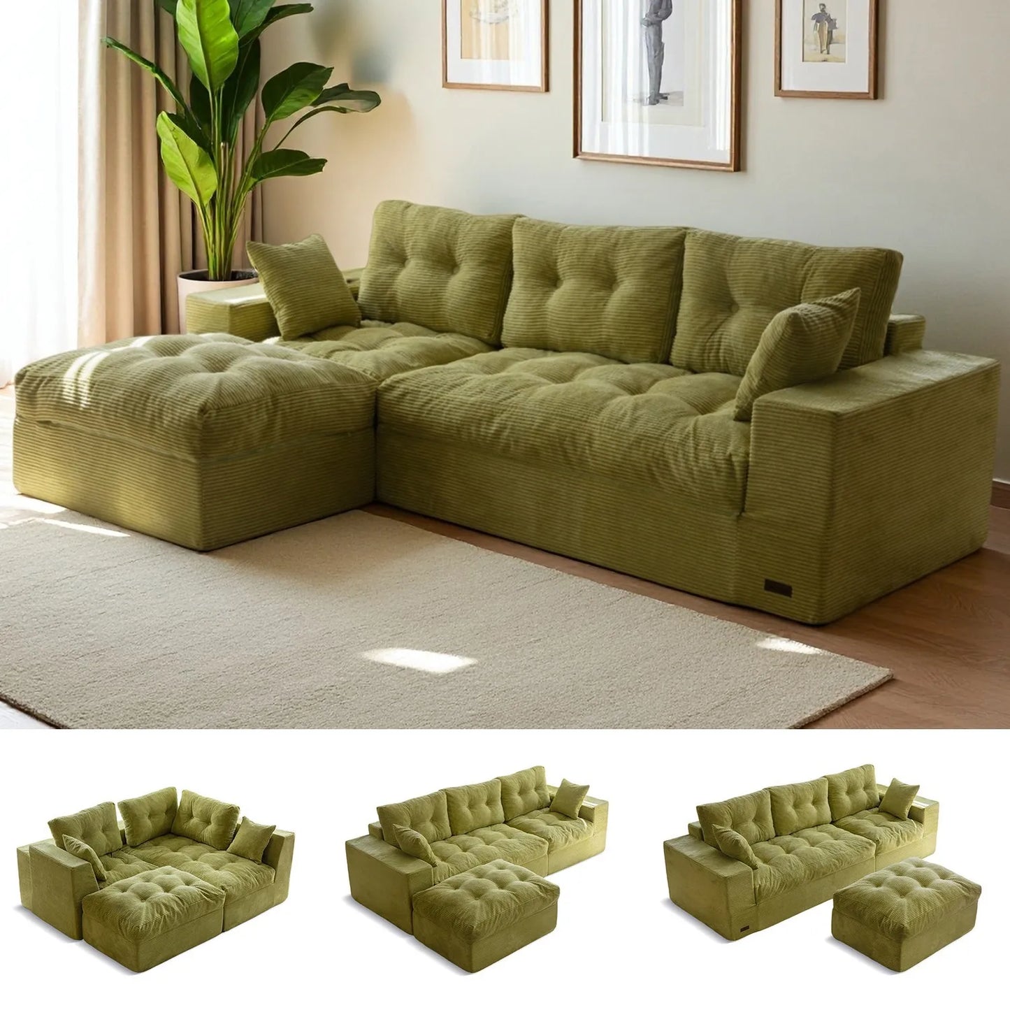 L-Shaped 104"Modular Sectional Cloud Couch with Ottoman,Oversized Boneless Couch