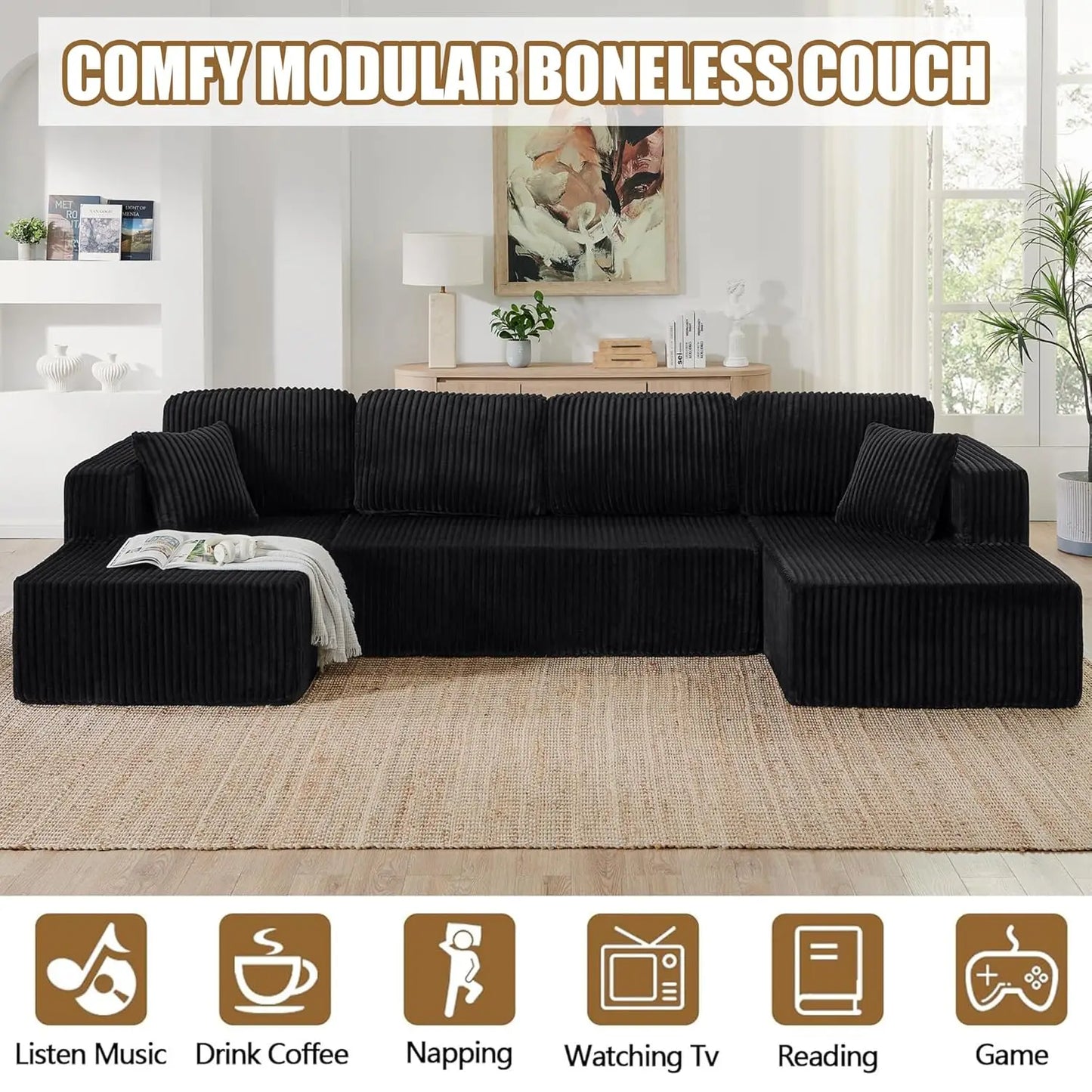 Modern Minimalist Sectional Sofa: L-Shape Cloud Couch with Deep Seats Right Chaise - Black