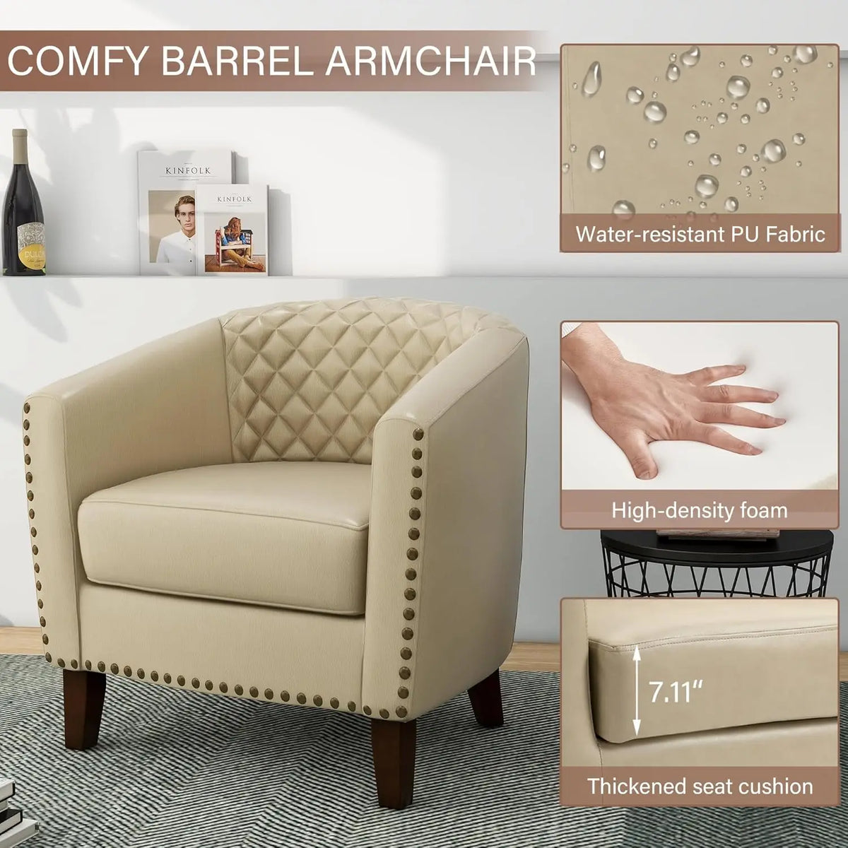 Pia Ricco Faux Leather Barrel Accent Chair, Modern Club Arm Chair Comfy Upholstered Single Sofa Chair with Solid Wood Legs and N