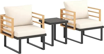 3 Pieces Outdoor Bistro Set, Small Patio Set with Cushions, Armchairs and Slatted Metal Top Table, Metal Patio Furniture Set.