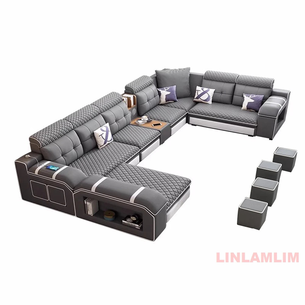 MANBAS Modern U-Shaped Fabric Sectional Sofa with Storage, Adjustable Headrests & USB Charging - Comfortable Quilted Upholstery