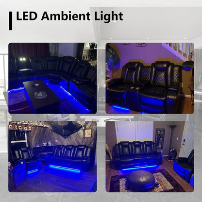 Power Recliner Sofa Set with LED Light for Living Room Furniture，Black Leather Reclining Sofa and Loveseat Set 3 Seater Sofa