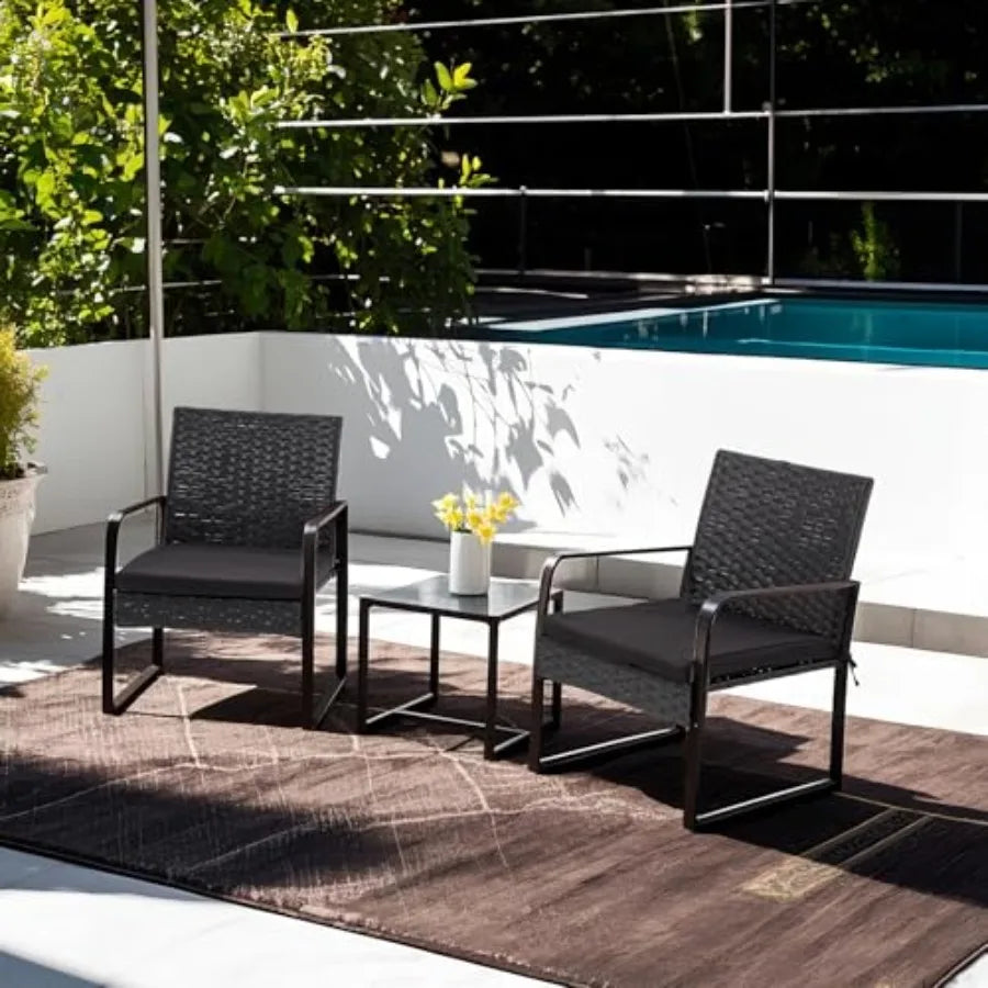 3 Piece Outdoor Patio Furniture Set Patio Bistro Set Wicker Conversation Set Modern Rattan Chair with Glass Coffee Table