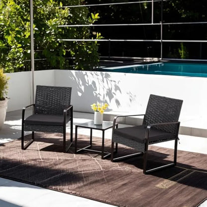 3 Piece Outdoor Patio Furniture Set Patio Bistro Set Wicker Conversation Set Modern Rattan Chair with Glass Coffee Table