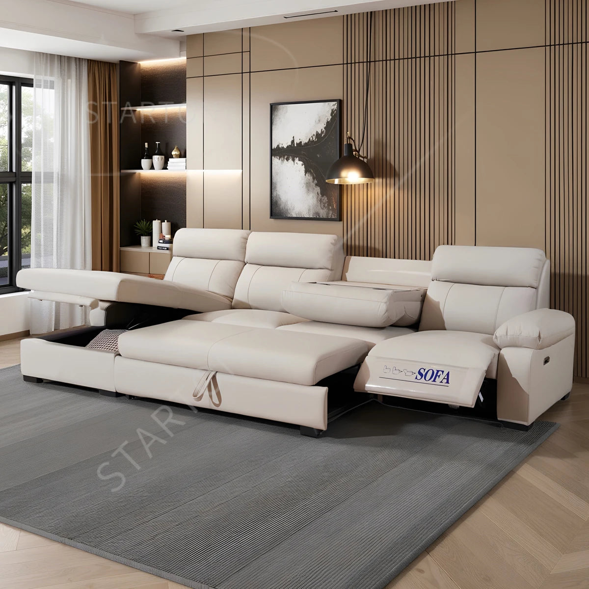 Modern Multi-functional l Shape White Leather Leather Sectional  Foldable Storage and Electric Recliner for Living Room Sofas
