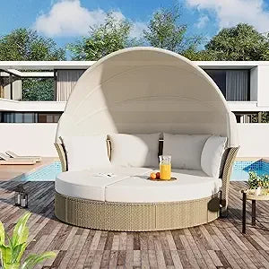 All-Weather Patio Round Outdoor Sectional Sofa Set with Retractable Canopy,Rattan Daybed Two-Tone Weave Sunbed with Separate Se