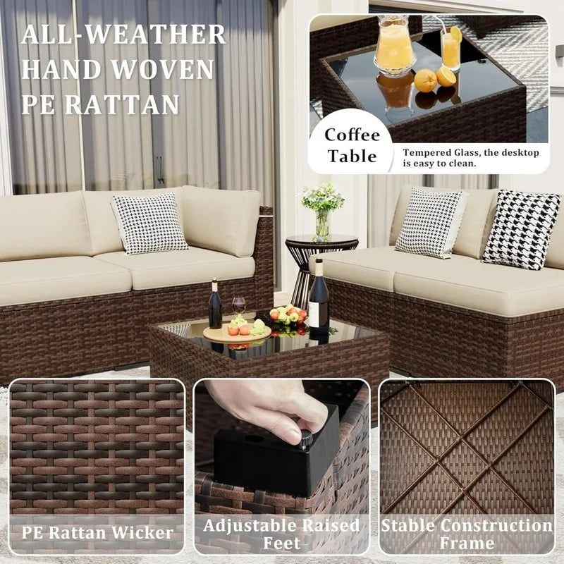 8-Piece Patio Set with 44" Fire Pit Table, Outdoor Couch and Glass Coffee Table, Includes 2 Waterproof Covers