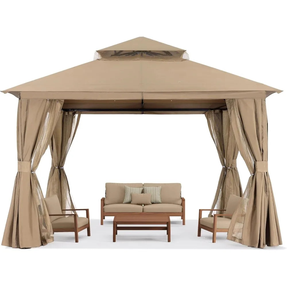 Outdoor Patio Gazebo 11x13 - Double Roof Canopy with Mosquito Netting and Curtain for Backyard, Deck, Garden, Lawn, Khaki