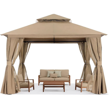 Outdoor Patio Gazebo 11x13 - Double Roof Canopy with Mosquito Netting and Curtain for Backyard, Deck, Garden, Lawn, Khaki
