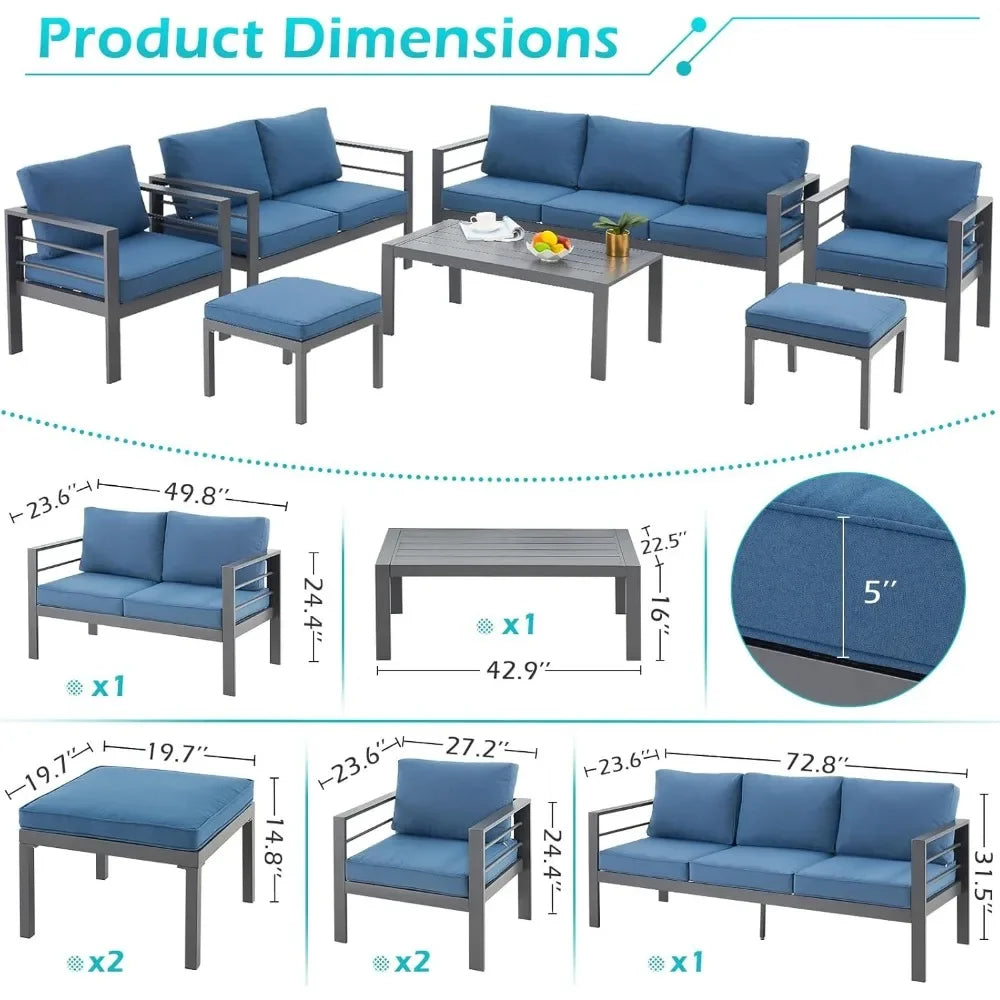 Aluminium modern patio furniture with coffee table, 7-piece outdoor conversation set, dark grey cushions, suitable for balcony