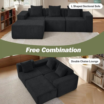 L-Shaped Memory Foam Sofa with Chaise, Corduroy Upholstery, Easy Assembly Living Room Couch (Black)