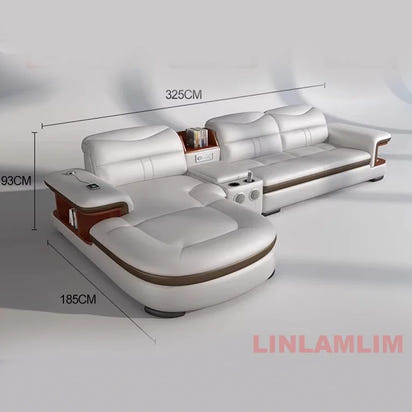 Modern L-Shaped Sectional Sofa with Chaise, Luxury Italian Genuine Leather Couch with adjustable headrest, Storage, USB, Console