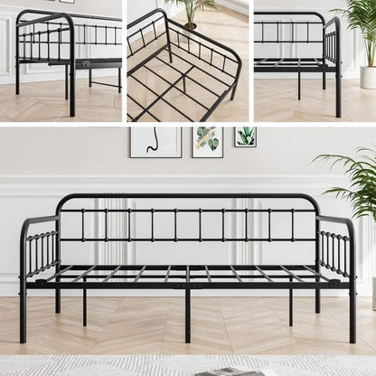 Metal Daybed Frame Twin Size with Steel Slats Platform Furniture Black