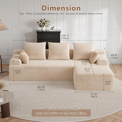 Boneless Couch, Cloud Couch Sectional, 106" L-Shape Modular Sectional Sofa with Ottoman, Corduroy Sofa for Living Room, Bedroom