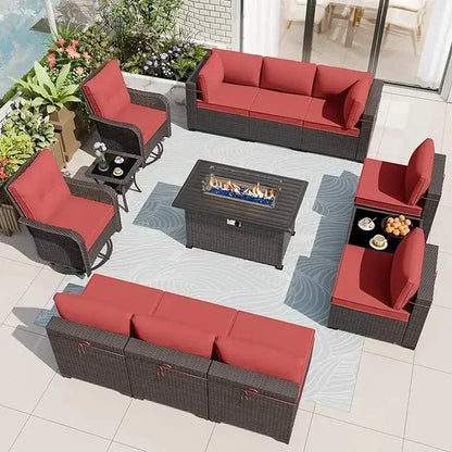 13-Piece Outdoor Furniture Set with 2 Swivel Chairs and Gas Fire Pit, Includes 10 Cushions for Patio Conversation