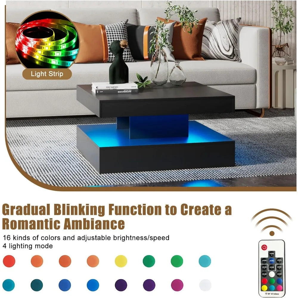 Black LED Coffee Table for Living Room, Living Room Table 2-Tier Square Middle Center Table, Modern Coffee Tables with Storage