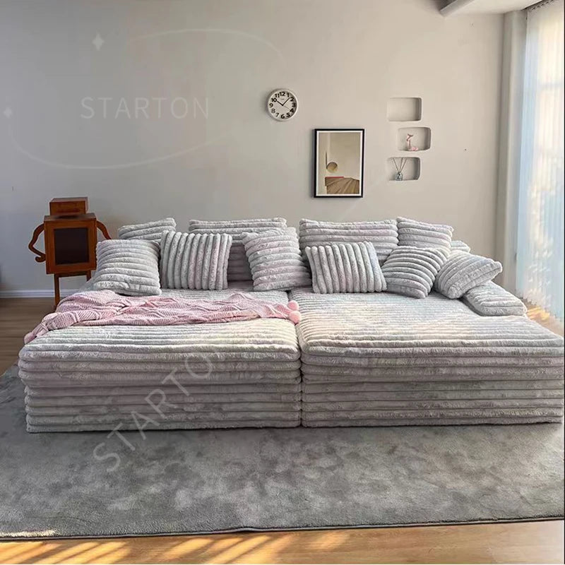 Modern Luxury Dove Gray Cord Fabric Comfy Cinema Sleeper Sofa Couch Double Chaise Lounge for Home Living Room