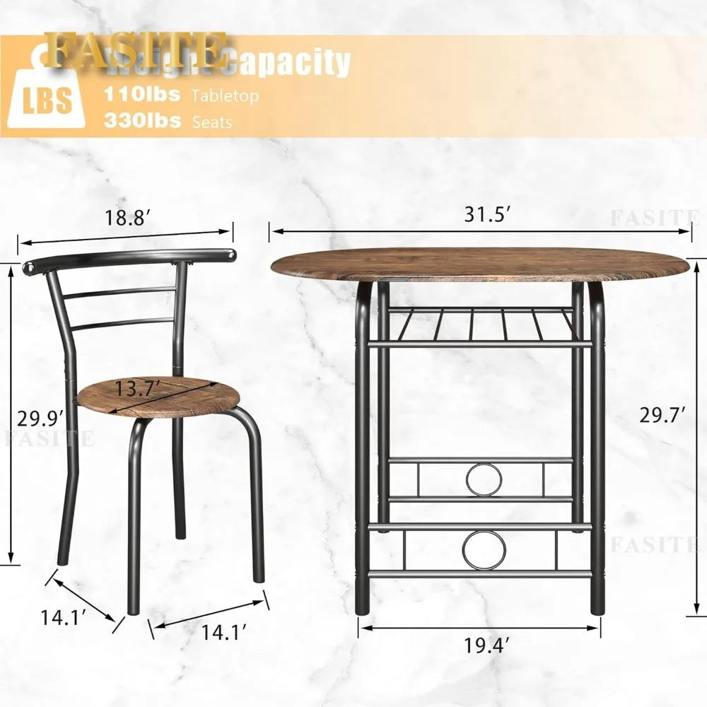 3Piece Wooden Round Table&Chair Set,Space Saving Wood Grain Tabletop with Metal Frame Built for Kitchen,Dining Room(Brown/Black)