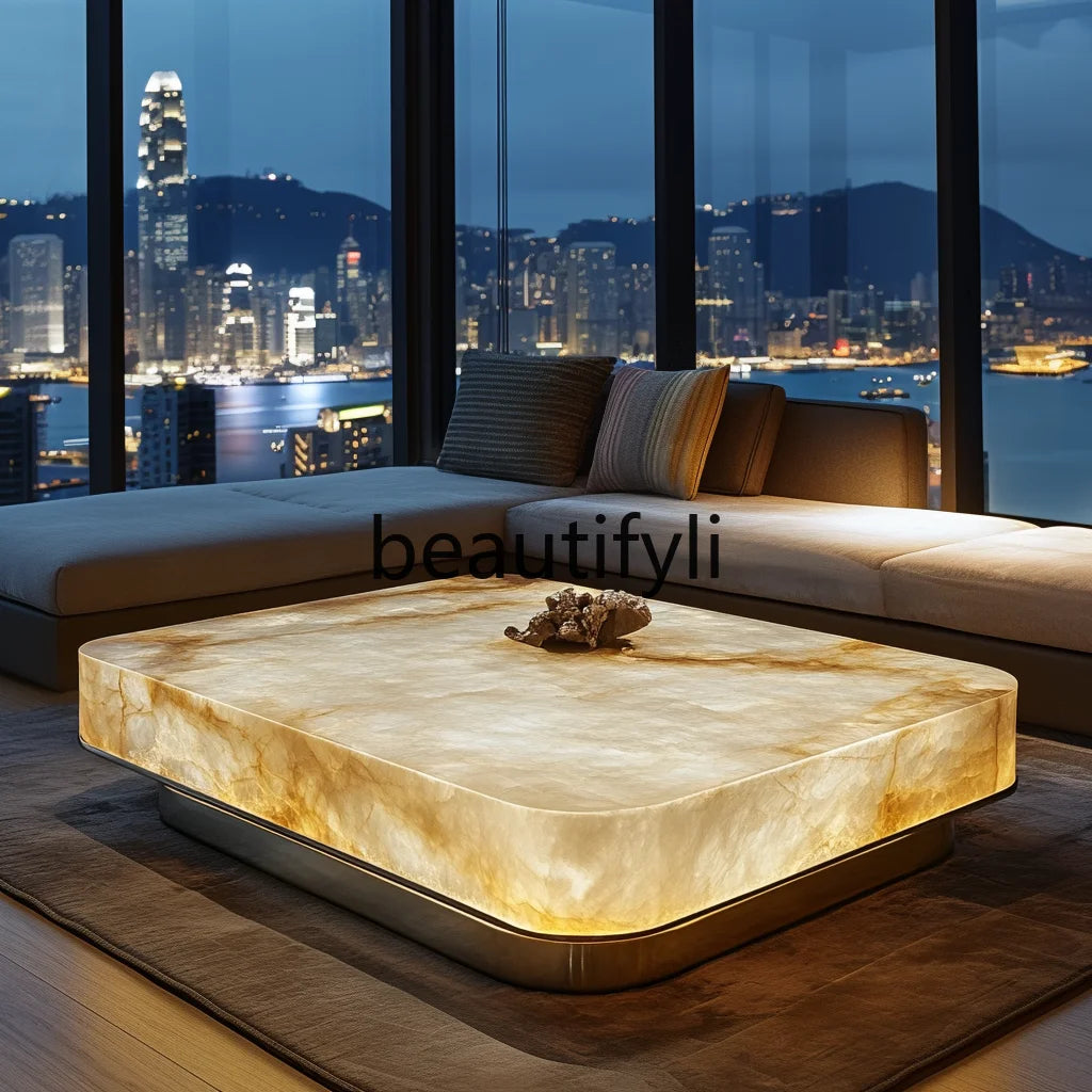 Jade square luminous coffee table premium villa living room modern minimalist marble Venice light luxury stone