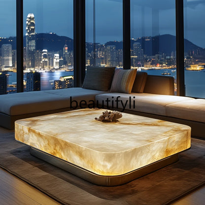 Jade square luminous coffee table premium villa living room modern minimalist marble Venice light luxury stone