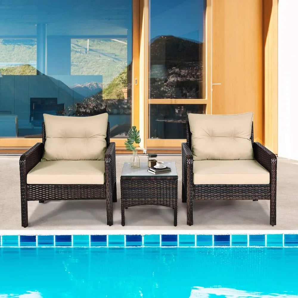 3 Pieces Patio Furniture Set Outdoor Rattan Wicker Coffee Table & Chairs Set with Seat Cushions Patio Conversation