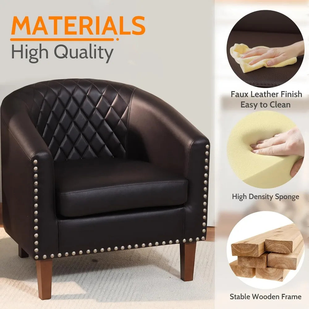 Faux Leather Club Chair with Cushion, Comfortable Accent Living Room Furniture, Diamond Stitching, Nailhead Trim, Stylish Seatin