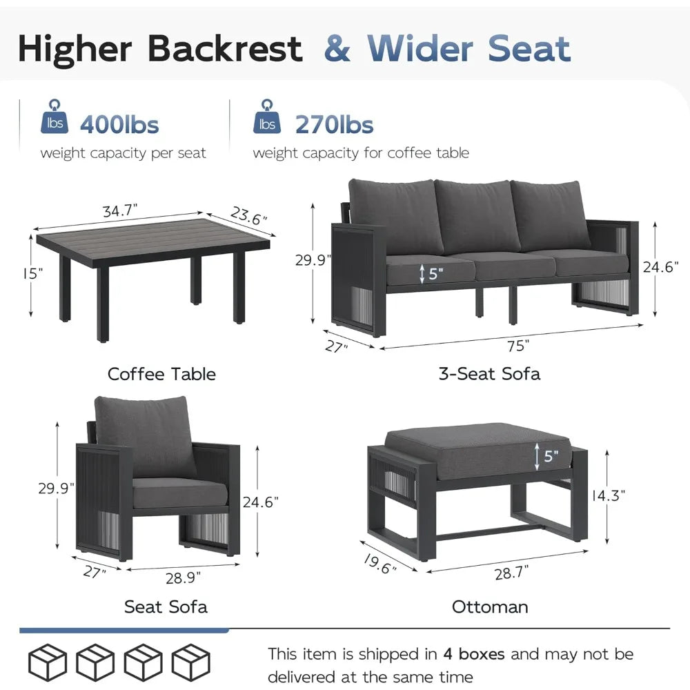 Patio Furniture Set with Ottoman, 6 Piece Modern Aluminum Outdoor Furniture Set, Patio Conversation Sets with Thickend Cushions