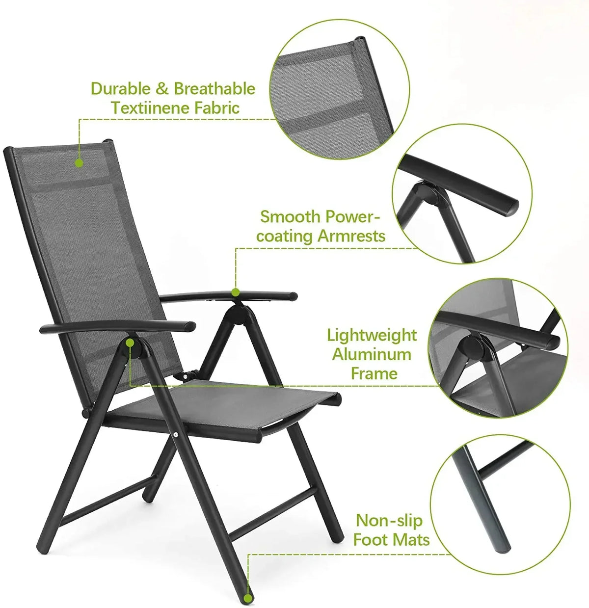 2PCS Foldable Lounge Chair Patio Folding Dining Chairs Aluminum Padded Adjustable High Back Lightweight Lawn Chair, Load 120kg