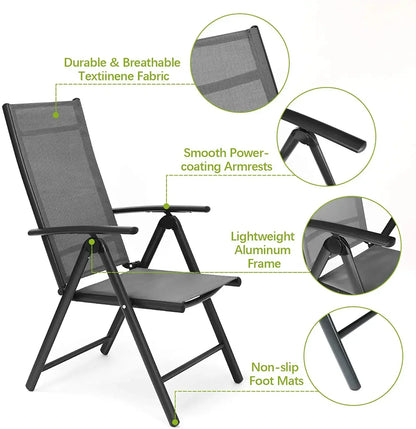 2PCS Foldable Lounge Chair Patio Folding Dining Chairs Aluminum Padded Adjustable High Back Lightweight Lawn Chair, Load 120kg