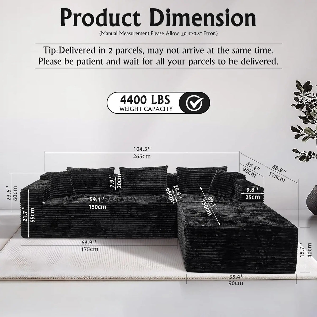 Black sectional couches for Living Room Corduroy Couch，104