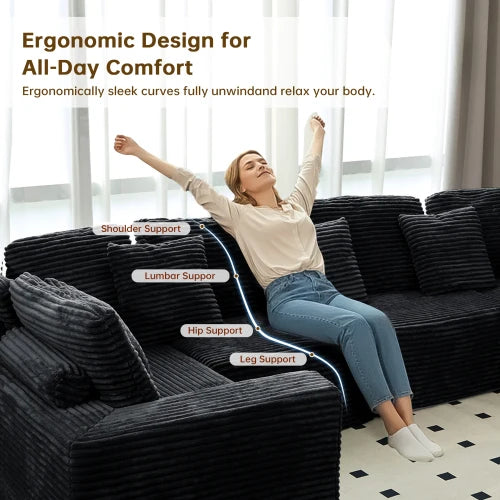 135.5-inch Modular U-Shaped Sectional Sofa, 6-Seater Chaise Lounge with Reversible Design, Striped Corduroy Fabric in Black
