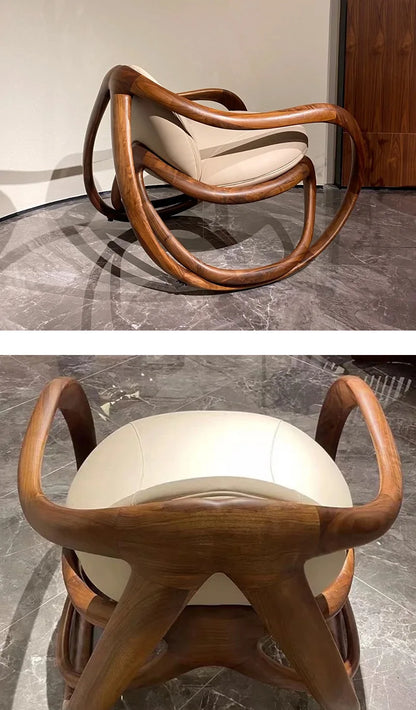 Black walnut leather balcony lazy chair villa living room leisure solid wood rocking chair