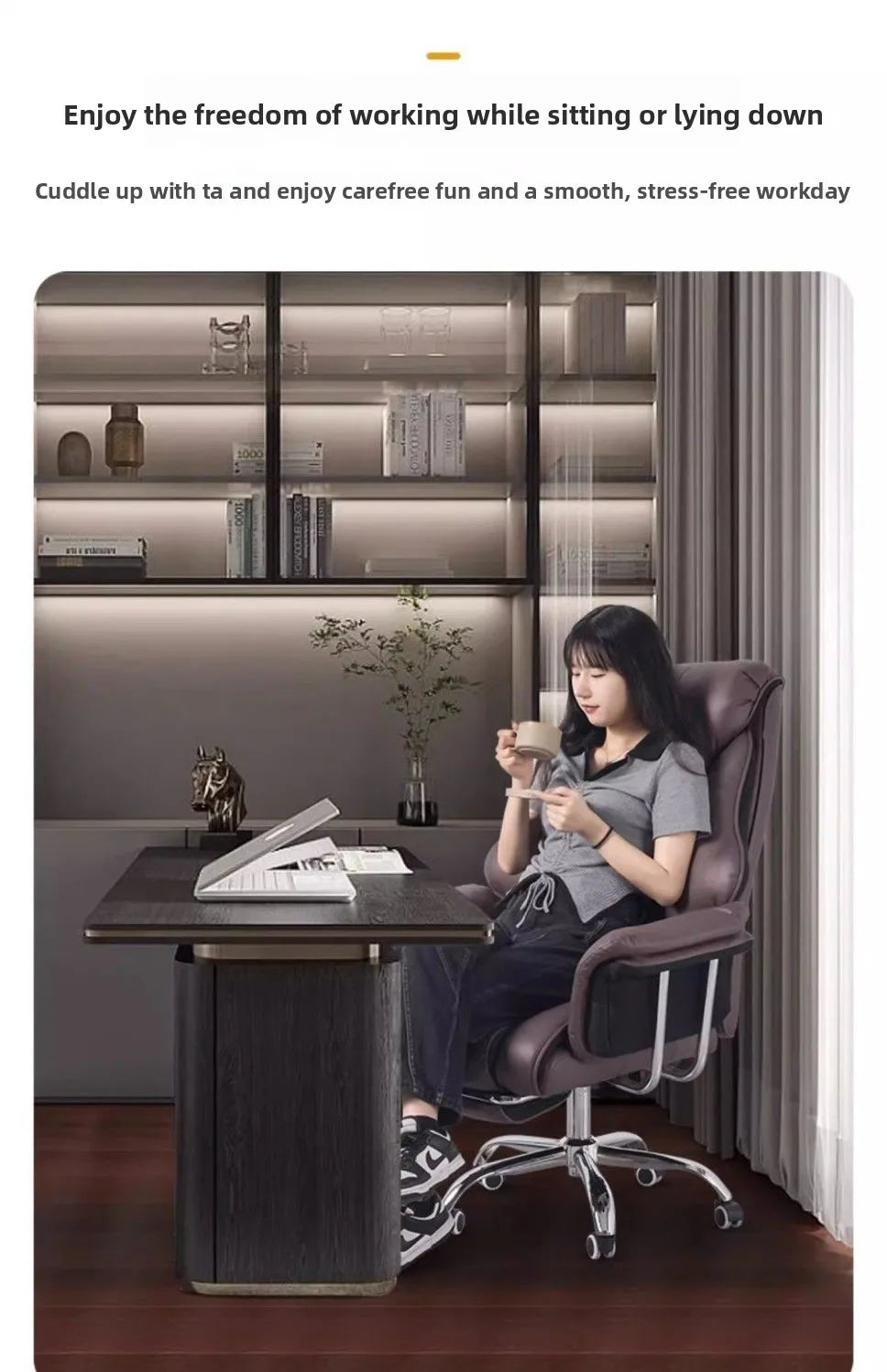Ergonomic Reclining Office Chair with Footrest PU Leather Executive Swivel Computer Desk Chair Aluminum Base for Home Office