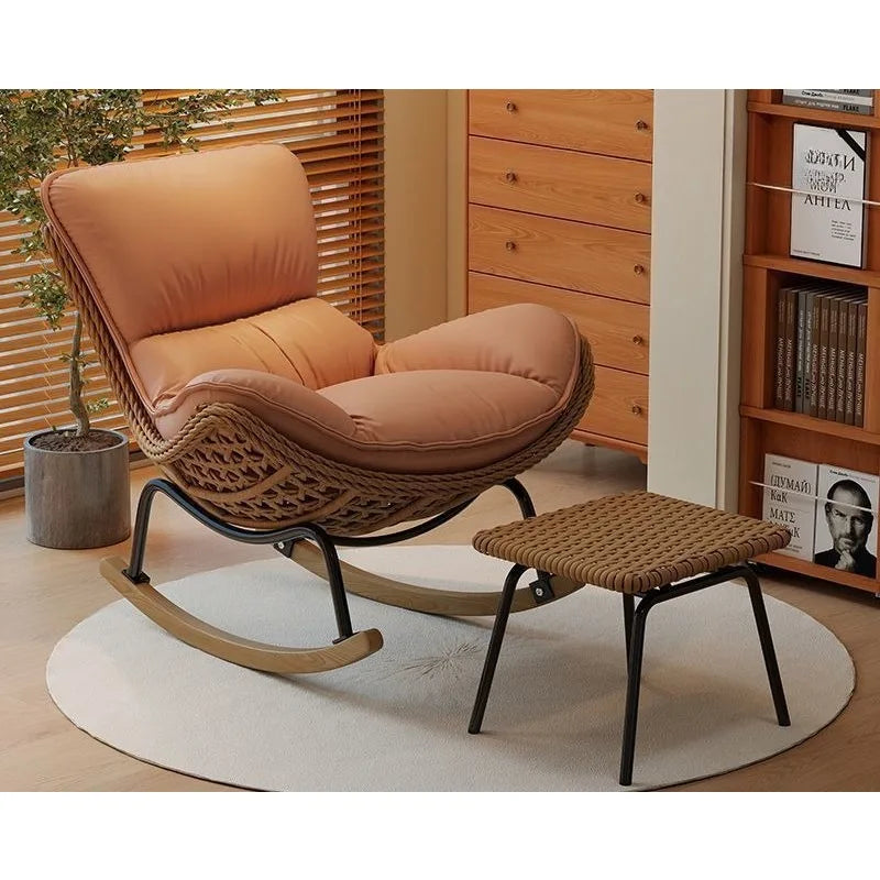 Woven Rattan Rocking Chair with Metal & Wood Base Stylish & Comfortable Seating for Living Room & Balcony Decor