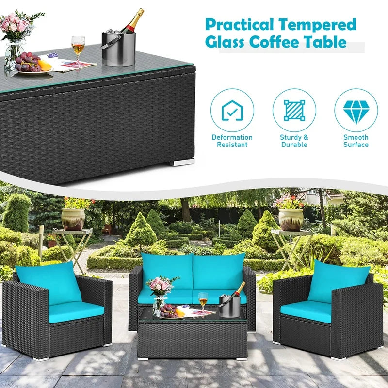 Turquoise Rattan Sofa Set with Cushions and Coffee Table - 8 Piece Patio Furniture
