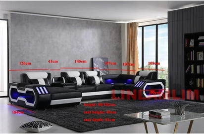 Modern LED Lighted Sofa Set with Recliner, Adjustable Headrest & Console | Luxury Leather Sectional Couch | Futuristic Furniture