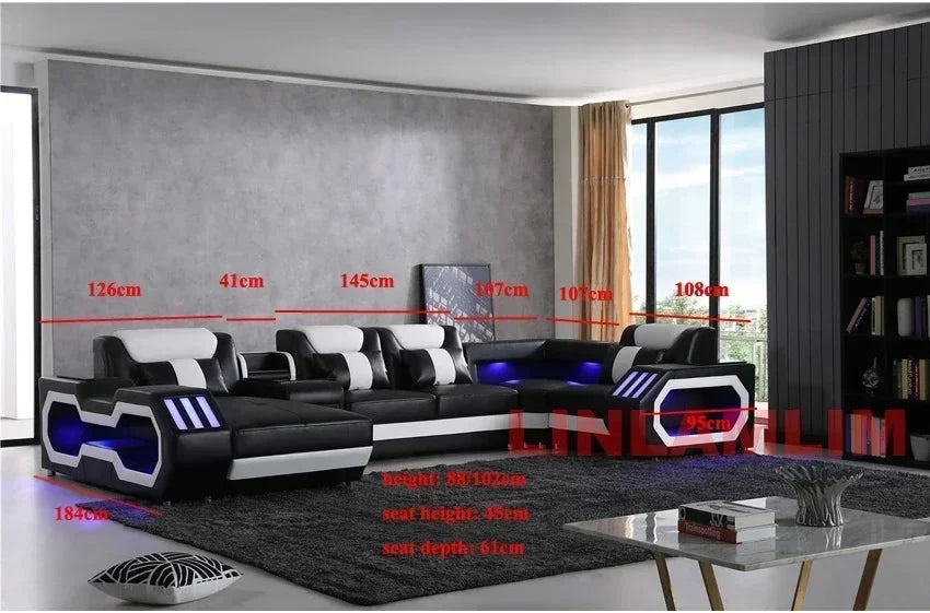 Modern LED Lighted Sofa Set with Recliner, Adjustable Headrest & Console | Luxury Leather Sectional Couch | Futuristic Furniture