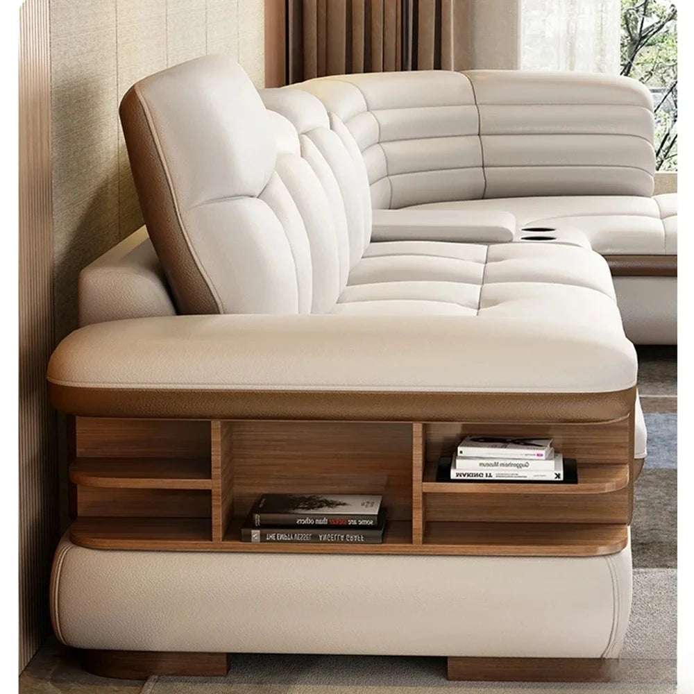 L-Shaped Genuine Leather Sectional Sofa Sets with USB, Bluetooth Speaker