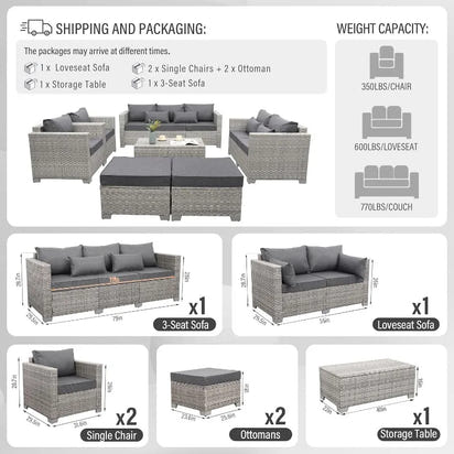 Patio Furniture Set Gray Rattan 7 Pieces Outdoor Sectional Sofa PE Wicker Conversation Chairs with Storage Table and Non-