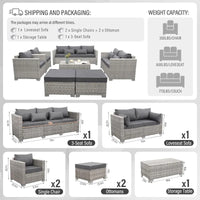 Patio Furniture Set Gray Rattan 7 Pieces Outdoor Sectional Sofa PE Wicker Conversation Chairs with Storage Table and Non-