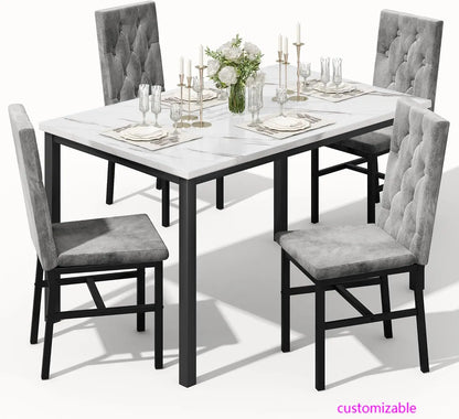 Dining Table Set for 4, Faux Marble Small Kitchen Table Chairs Set of 4 with Luxurious Button Tufted Dinner Chairs
