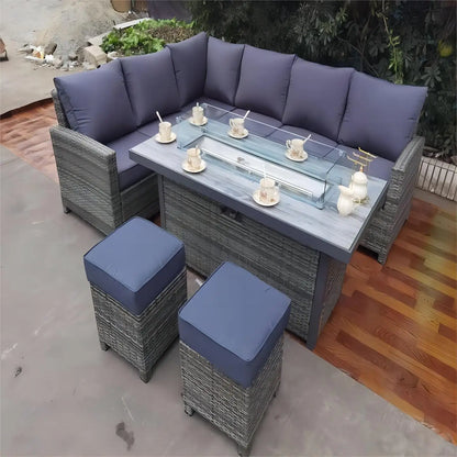 Outdoor Garden Gas Fire Pit Furniture Set Rattan Wicker Corner Dining Set With Big Fire Pit Burner Table In Europe For Grill